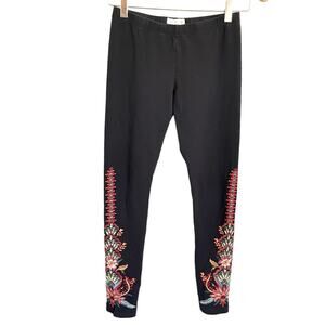 Johnny Was JW Los Angeles Aivita Embroidered Floral Leggings Boho Black Size XS
